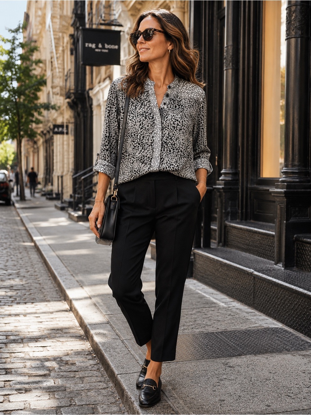 rag & bone 100% Silk Animal Print Blouse XS Gray Black Button Front